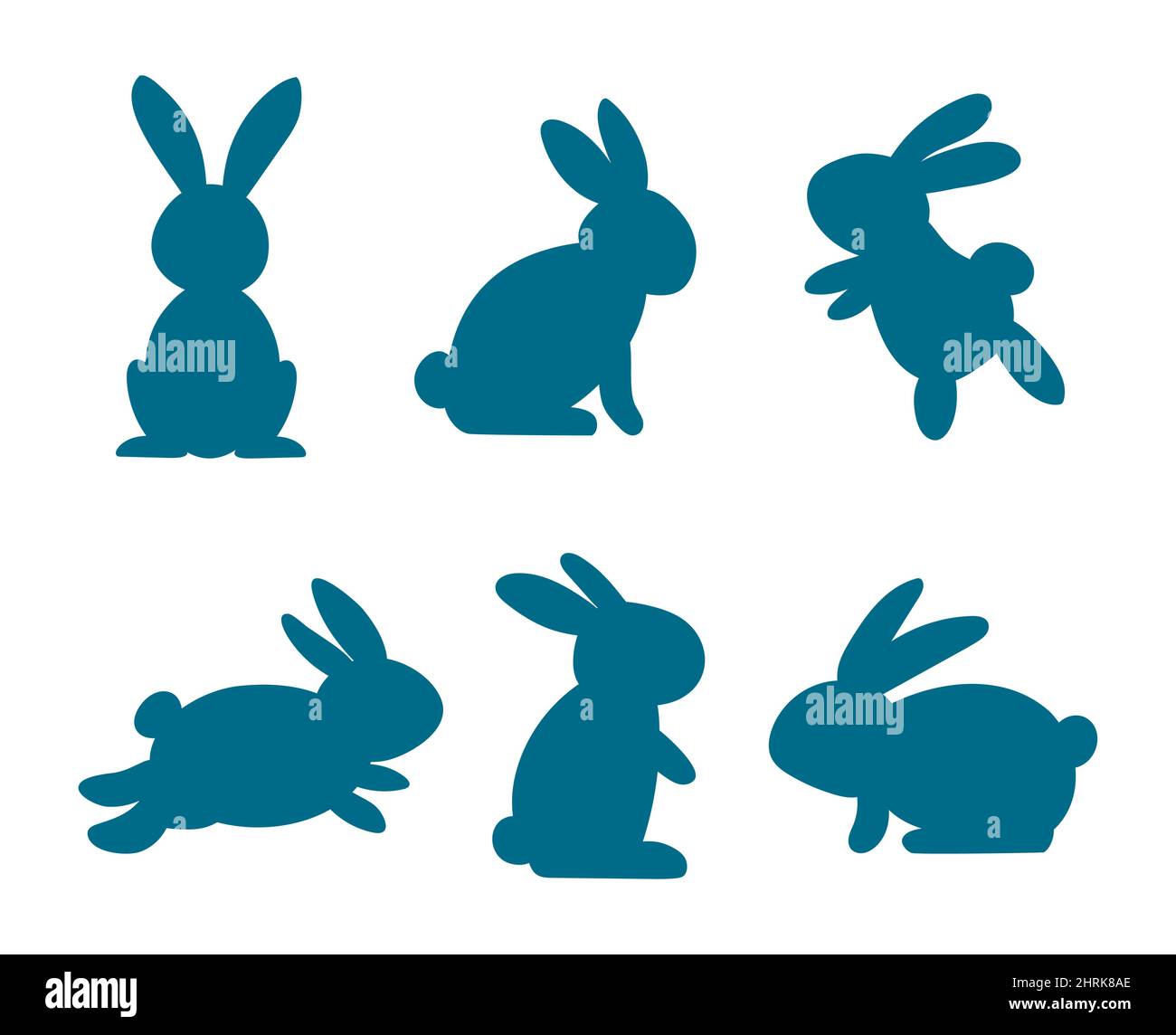 Silhouettes de lapins de pâques isolées sur fond blanc. Collection de dessins animés à plat de lapins. Illustration de Vecteur