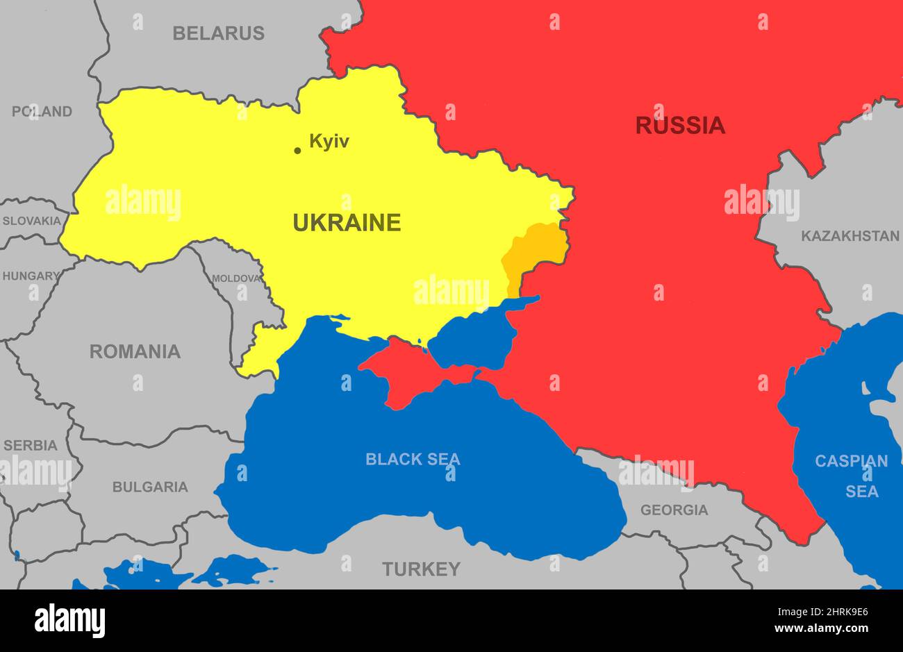La Russie et l'Ukraine sur la carte de l'Europe. Territoire ukrainien avec région de Donbass près de la frontière russe sur la carte politique. Bélarus, Pologne et autres pays Banque D'Images