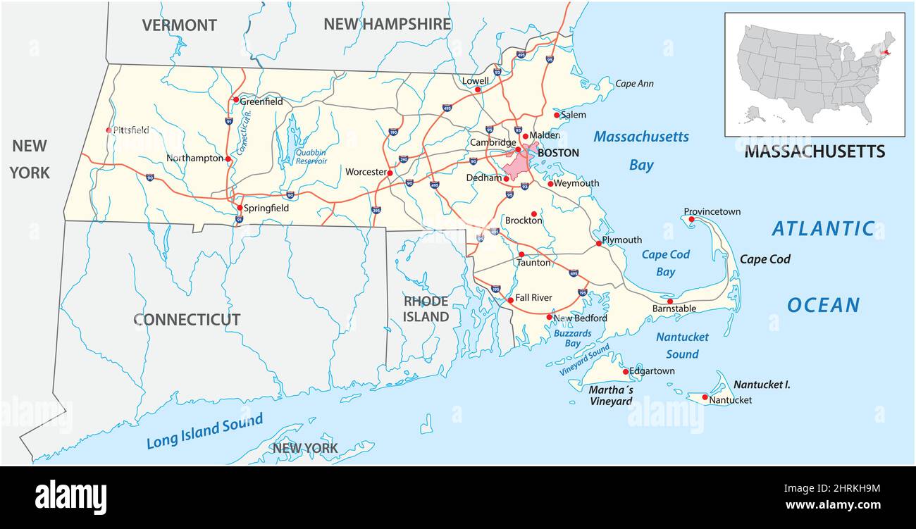 Carte routière de l'État américain du Massachusetts Illustration de Vecteur