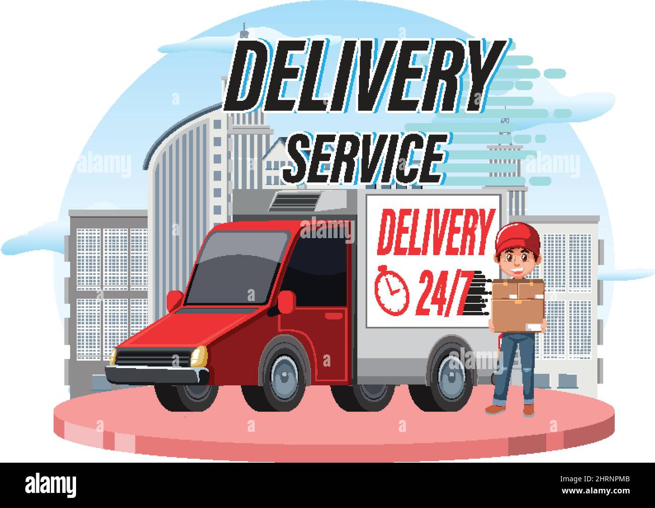 Logo du service de livraison avec illustration du personnage de dessin animé de la fourgonnette et du transporteur Illustration de Vecteur