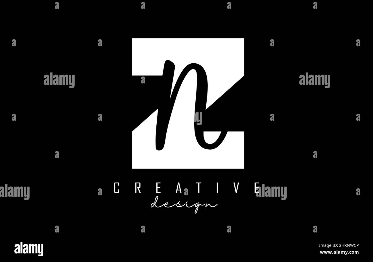 Logo ZN lettres blanches et noires avec un design minimaliste. Lettres Z et N avec typographie géométrique et manuscrite. Illustration Creative Vector avec Illustration de Vecteur