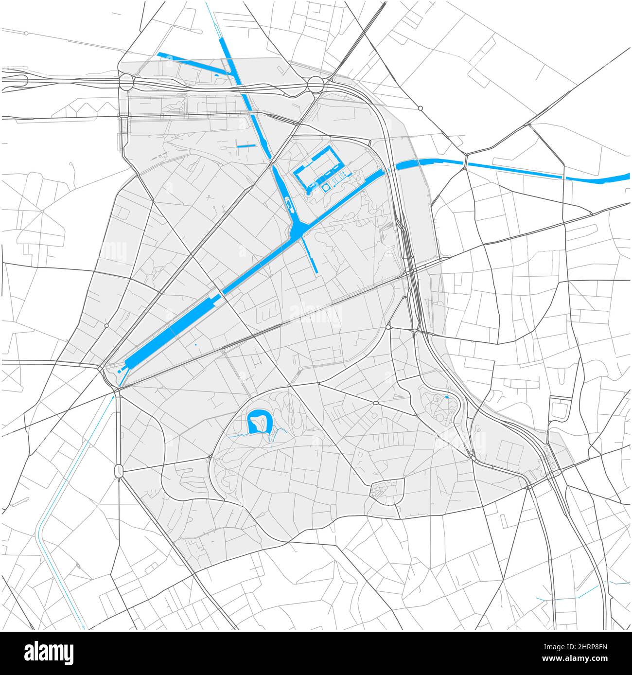 19th arrondissement, Paris, FRANCE, carte vectorielle haute précision avec limites de la ville et chemins modifiables. Contours blancs pour les routes principales. Beaucoup de chemins plus petits. Illustration de Vecteur