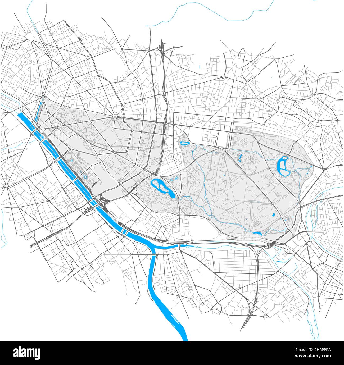 12th arrondissement, Paris, FRANCE, carte vectorielle haute précision avec limites de la ville et chemins modifiables. Contours blancs pour les routes principales. Beaucoup de chemins plus petits. Illustration de Vecteur