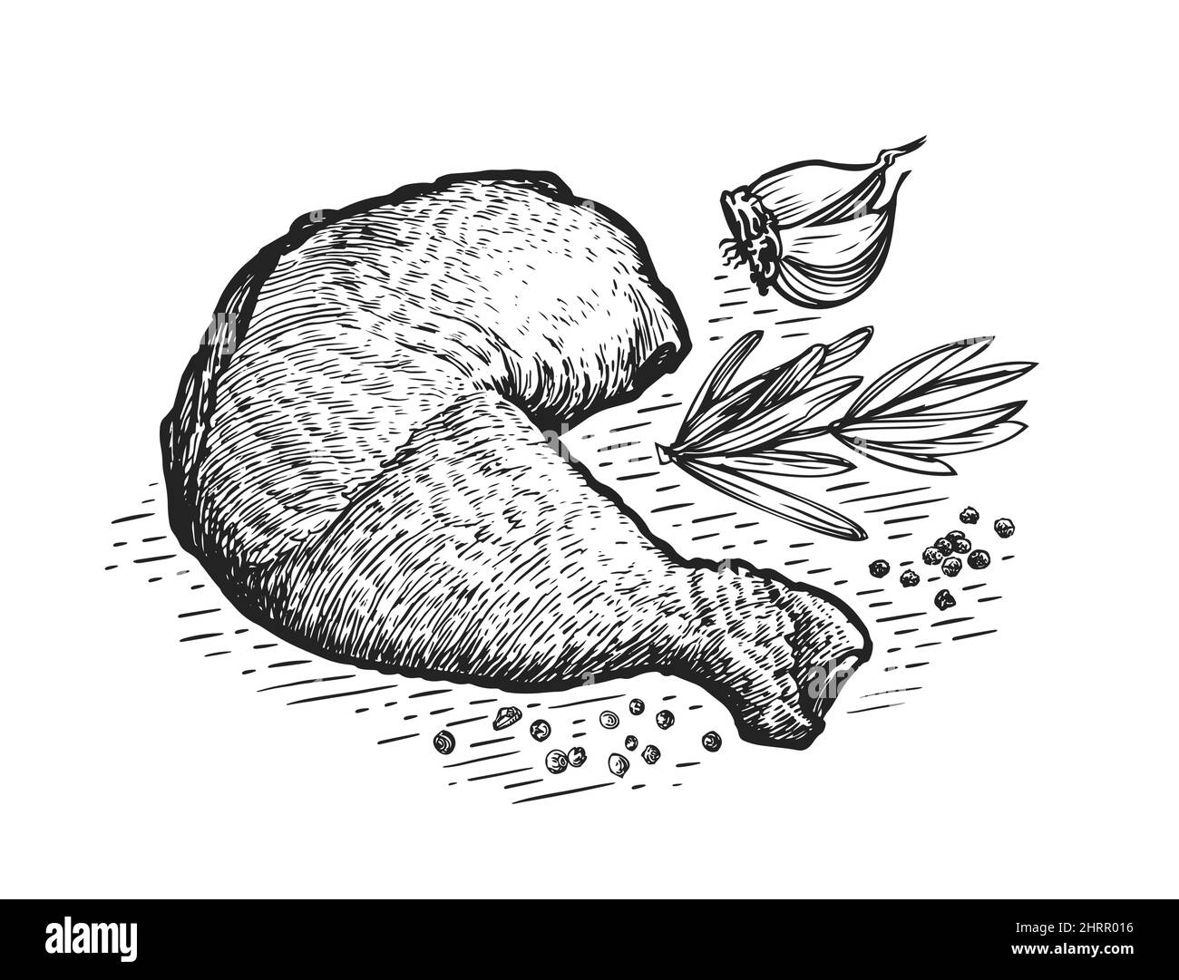 Cuisse de poulet frite et rôtie. Illustration vectorielle de l'esquisse de cuisson de la viande Illustration de Vecteur