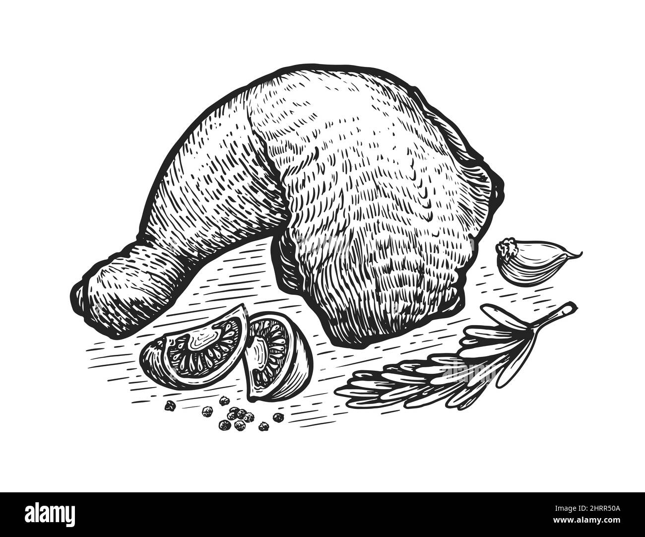 Aliments pour cuisses de poulet. Viande de volaille, noir et blanc dessin main gravure illustration vectorielle Illustration de Vecteur