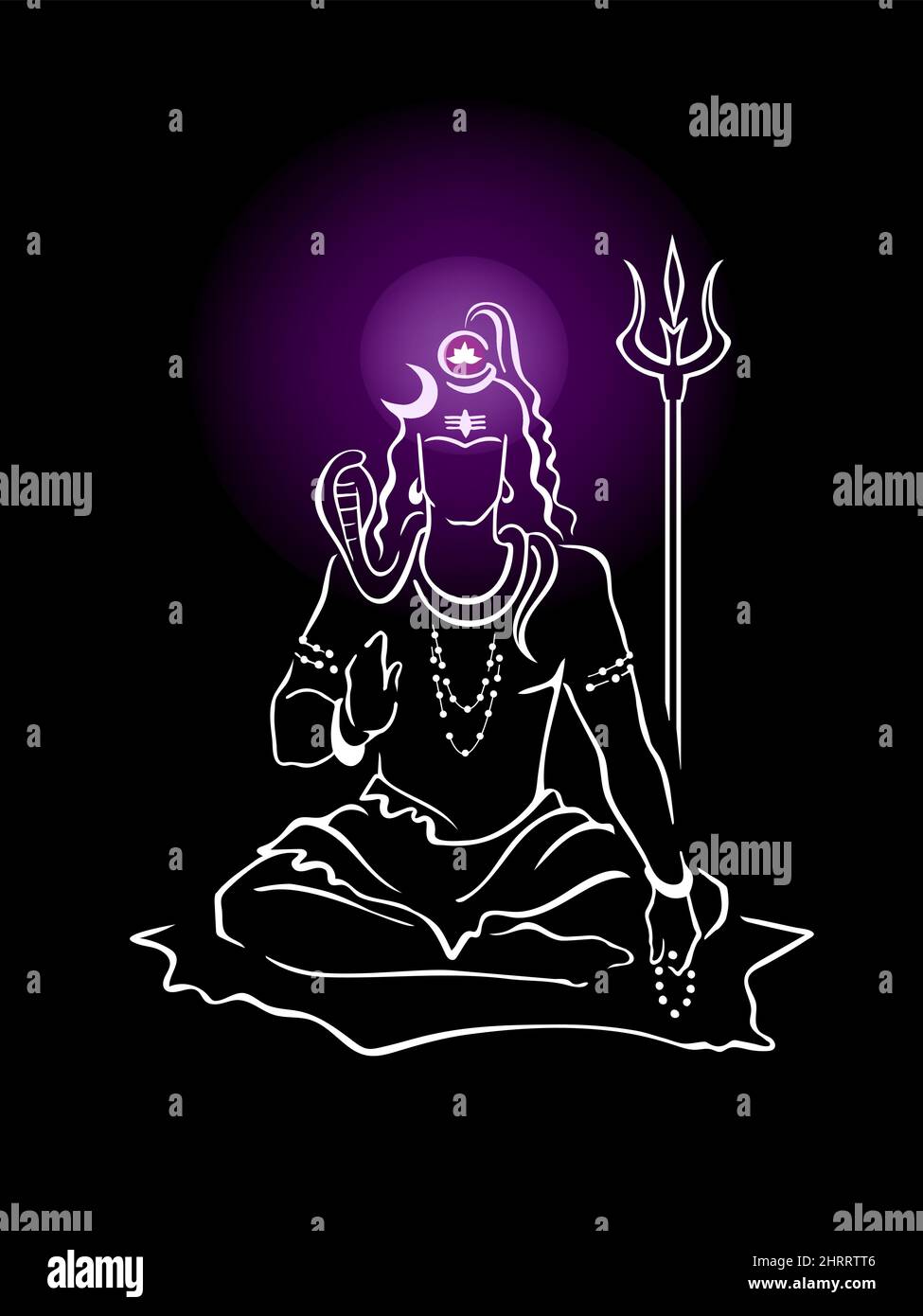 Shiva, dieu hindou, donnant la bénédiction, avec le chakra de couronne de Sahasrara brillant. Mahadeva, Dieu suprême de la destruction, du temps, de la danse, du yoga. Élégant dessin à la main noir Illustration de Vecteur