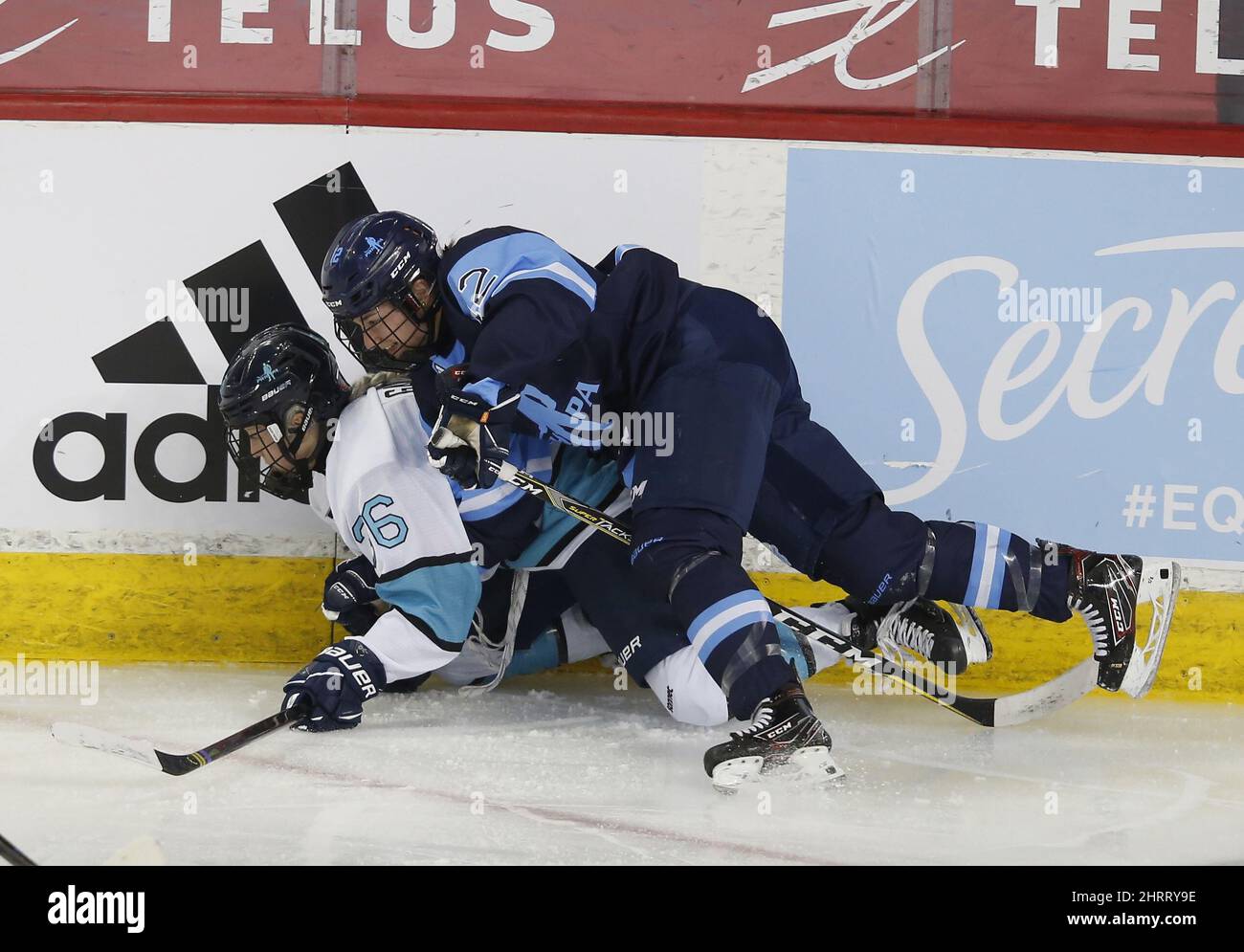 L'équipe Sonnet Loren Gabel est frappé sur la glace par l'équipe Bauer Catherine Dubois lors de la deuxième période de leur match de hockey de la coupe secrète de l'Association professionnelle des joueuses de hockey des femmes à Calgary, le dimanche 30 mai 2021.LA PRESSE CANADIENNE/Todd Korol Banque D'Images