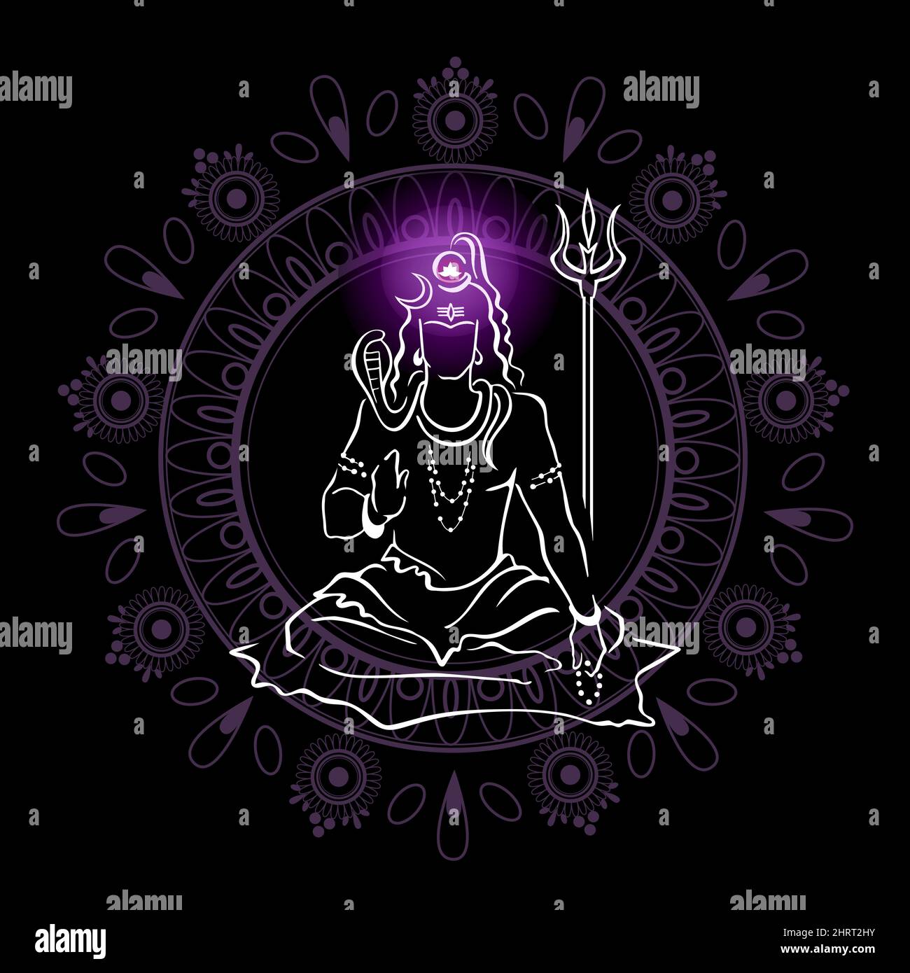 Shiva, dieu hindou, donnant la bénédiction, avec le chakra de couronne de Sahasrara brillant et le dessin de cercle sur fond. Magnifiques éléments vectoriels noirs dessinés à la main pour Illustration de Vecteur