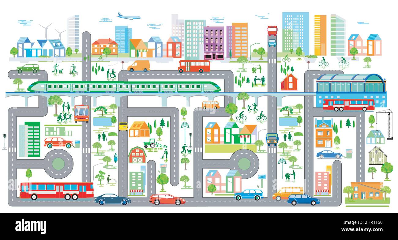 Carte de la ville avec circulation routière et maisons, infographie, illustration Illustration de Vecteur