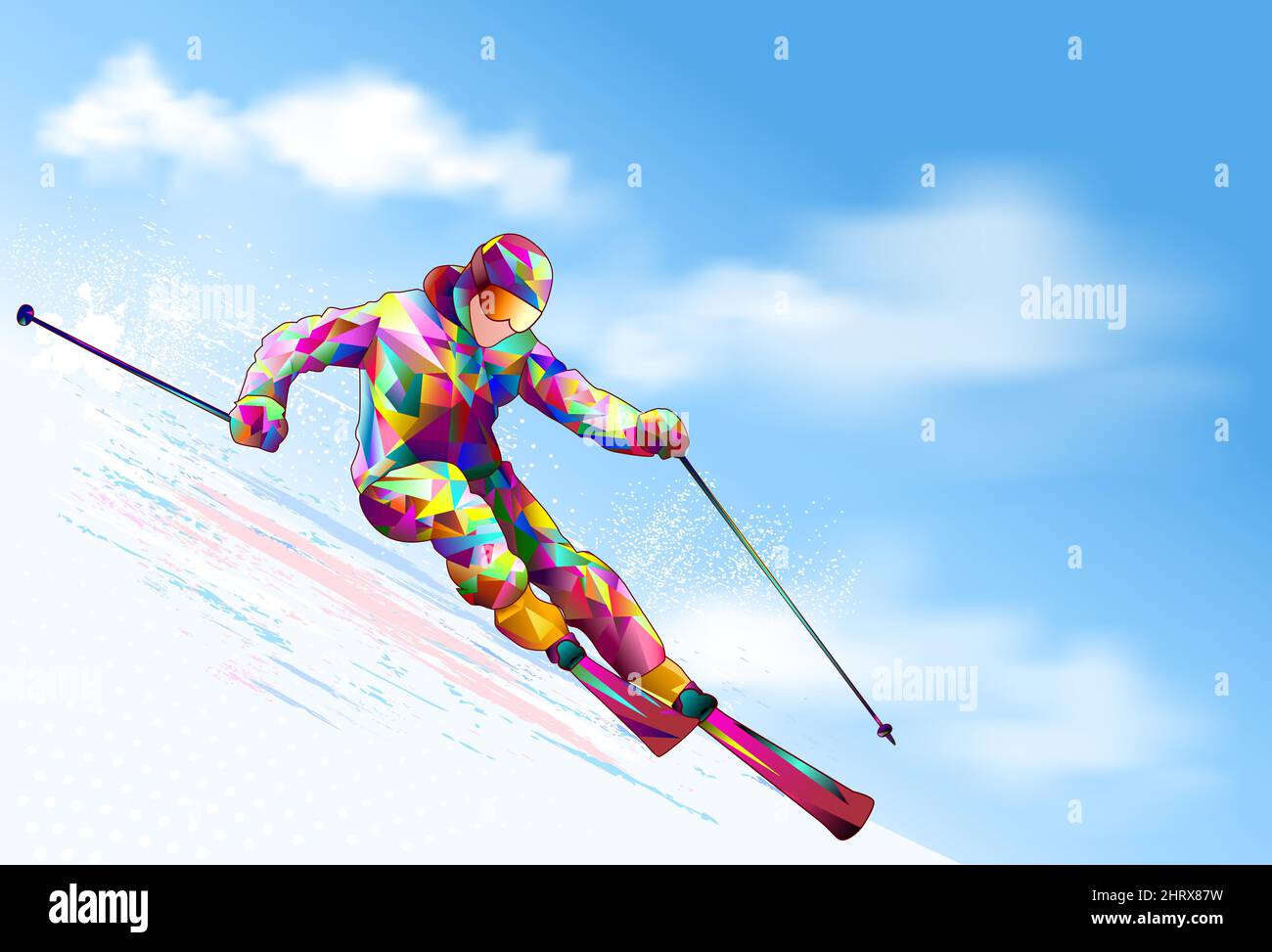 Skieur sur une pente enneigée. Le skieur descend sur des skis contre le fond du ciel et des nuages. Illustration de Vecteur