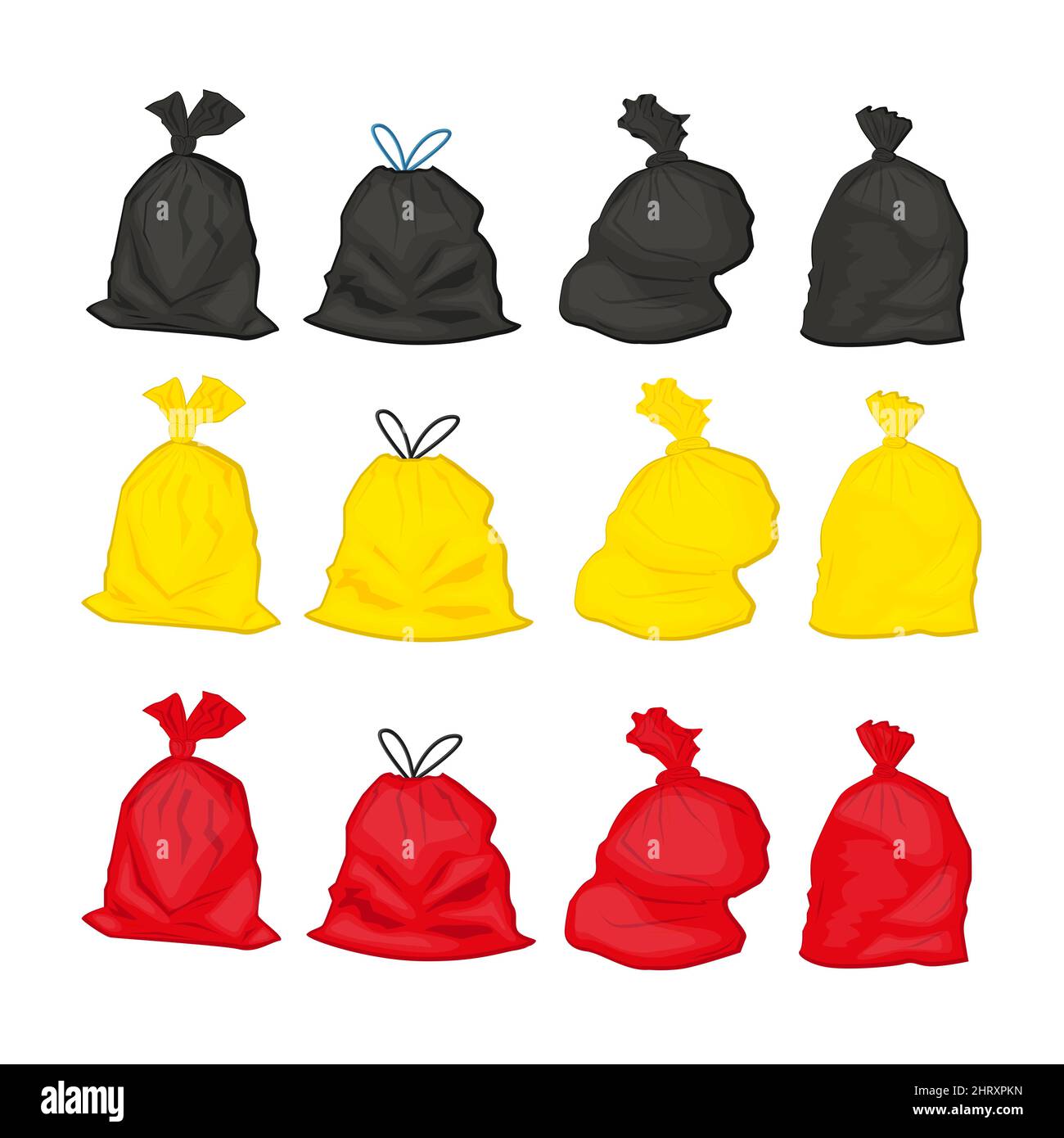 Ensemble de sacs à ordures en plastique noir, jaune et rouge Illustration de Vecteur