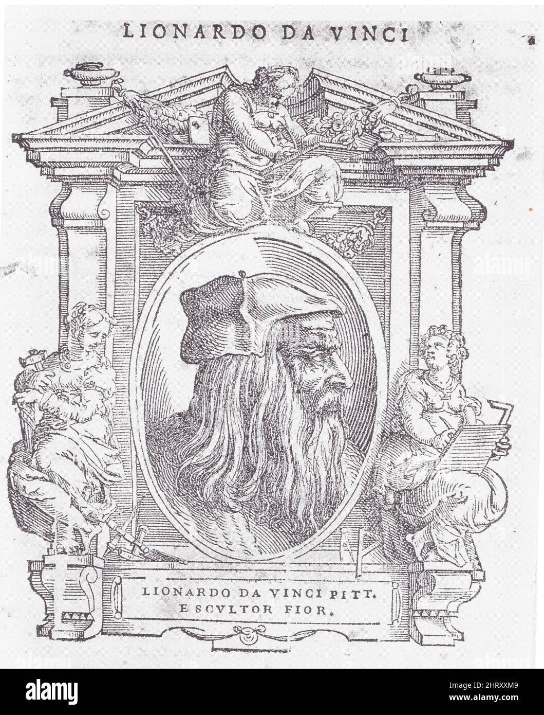 PORTRAIT DE LÉONARD DE VINCI. GRAVURE SUR BOIS DE LA VIE DES ARTISTES DE VASARI. 1568 Banque D'Images