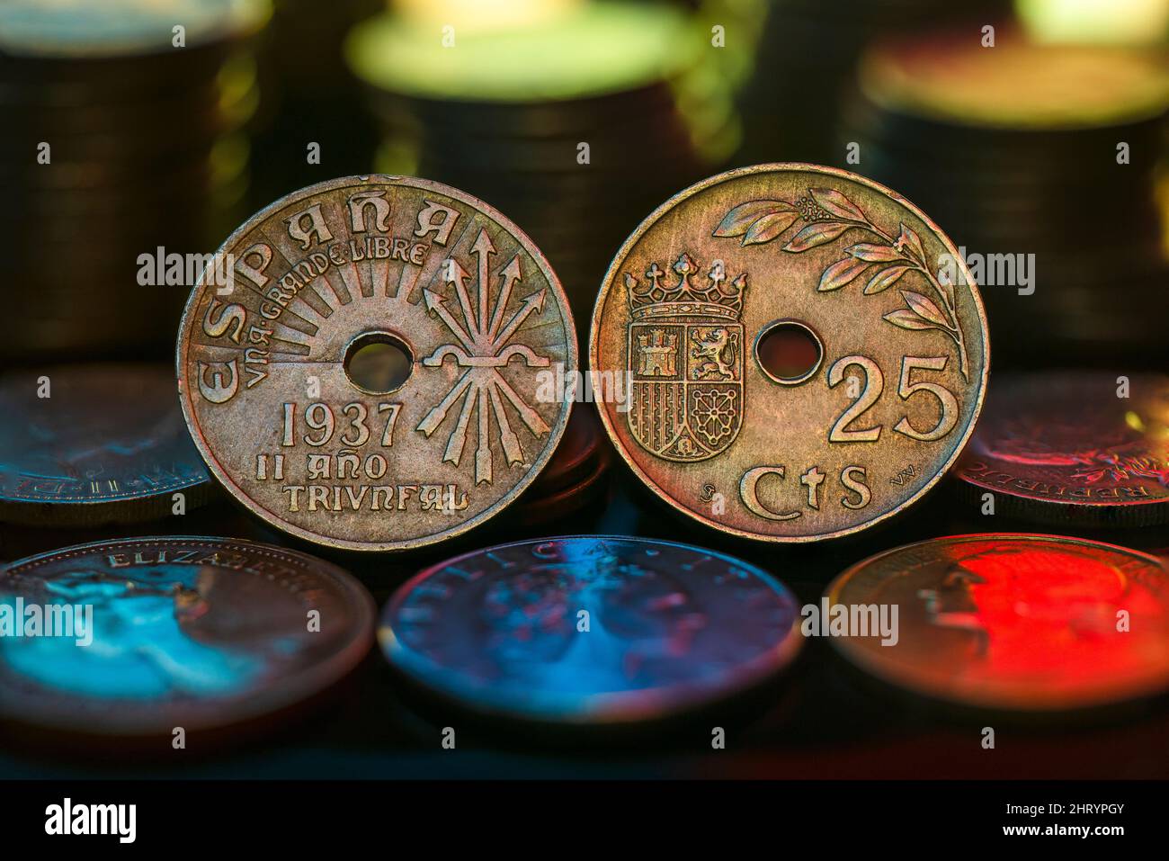 1937 Espagnol 25 cents pièce de monnaie inverse macro Banque D'Images