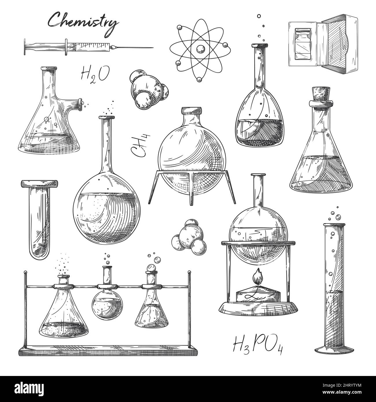 Jeu de différents flacons pharmaceutiques, béchers et tubes à essai. Esquisse d'objets de laboratoire chimique. Symbole de découverte et de chimie. Illustration de Vecteur