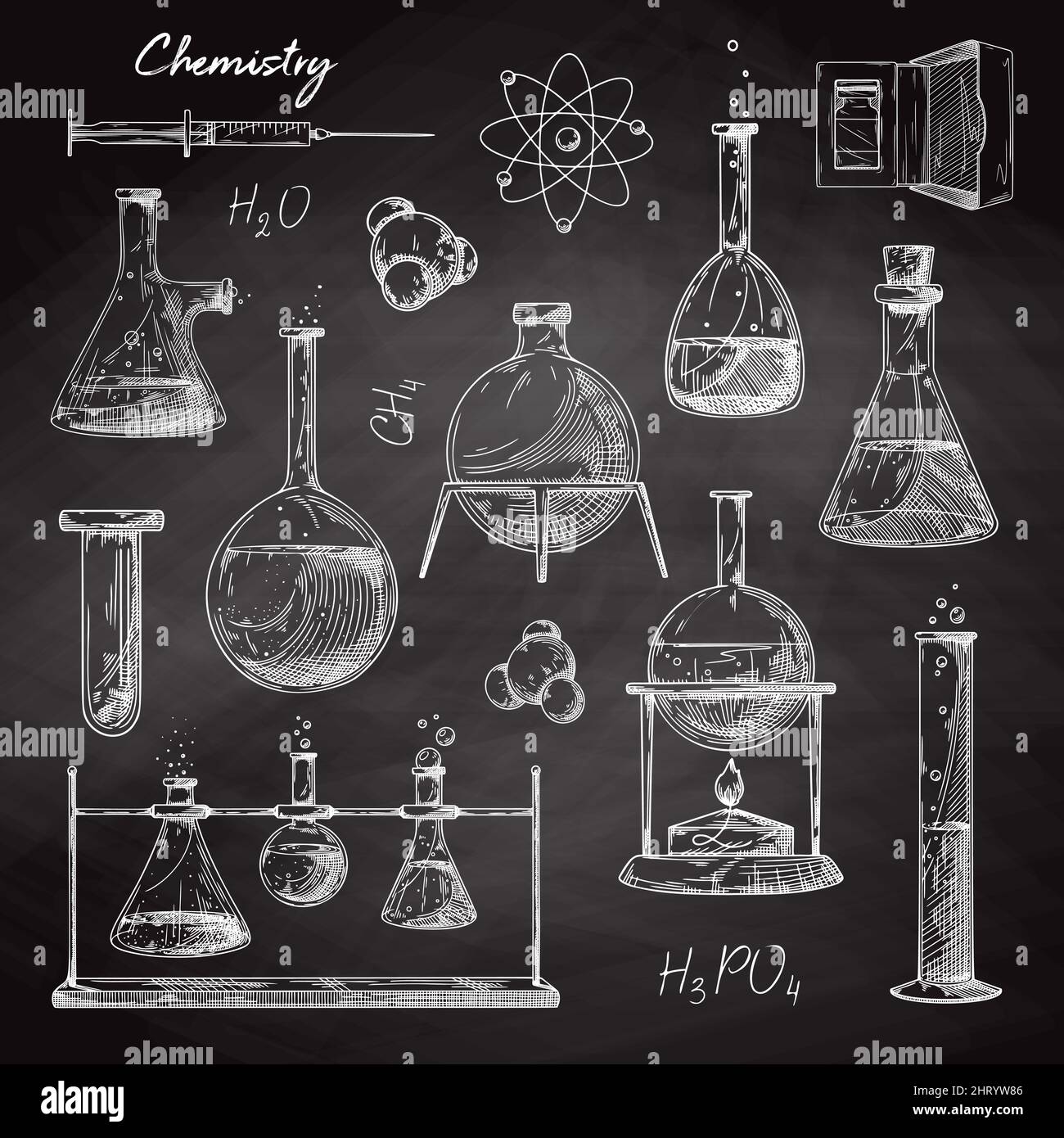 Jeu de différents flacons pharmaceutiques, béchers et tubes à essai. Croquis d'objets de laboratoire chimique sur un tableau de craie. Symbole de découverte et de chimie Illustration de Vecteur