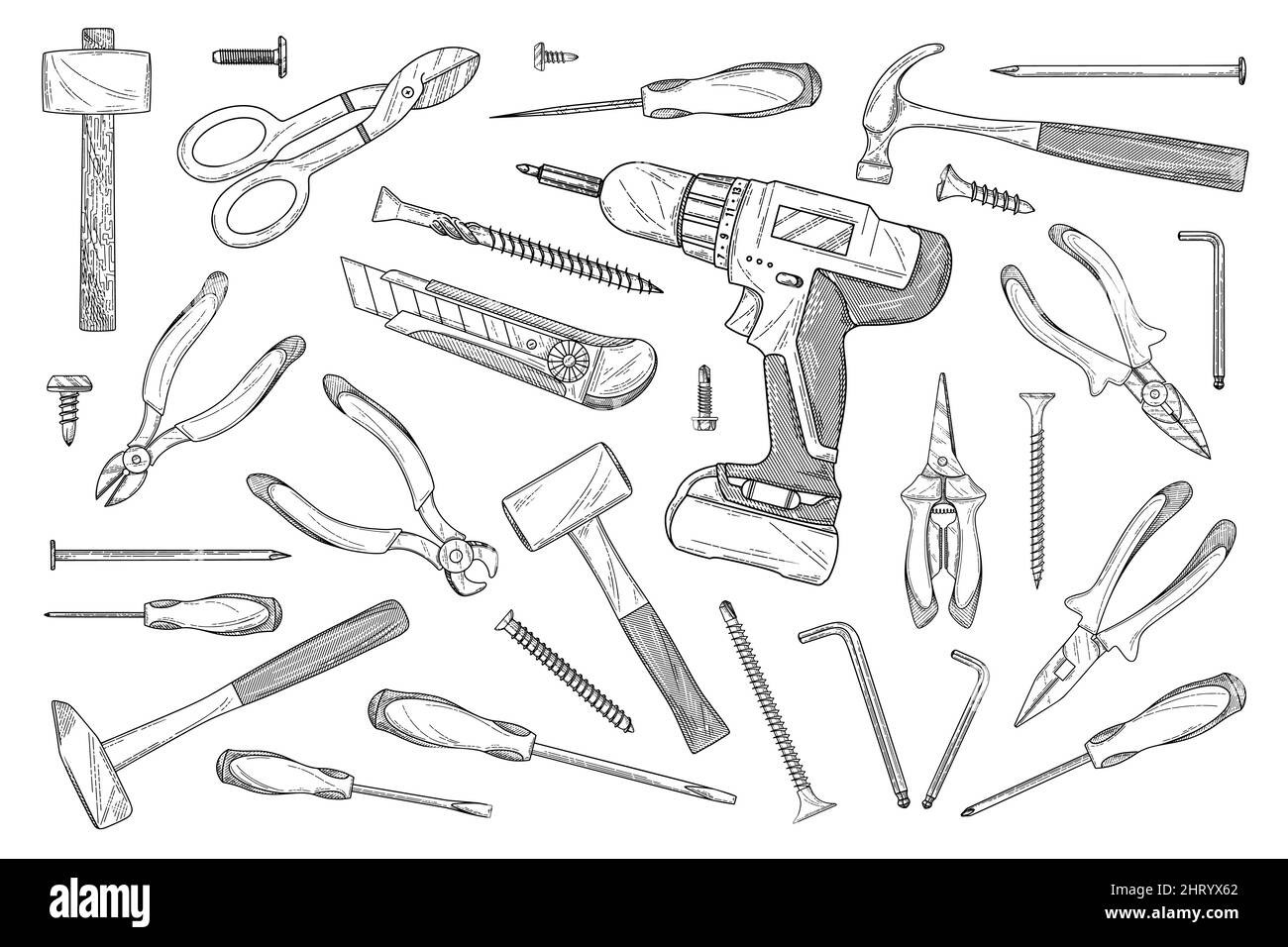 Ensemble de divers outils de construction dans le style d'esquisse. Illustration vectorielle. Illustration de Vecteur