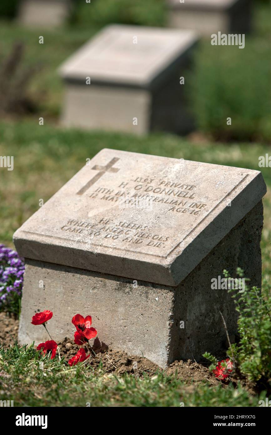 La pierre angulaire du 1393 Soldat H O'Donnell, 11th en infanterie australienne au cimetière Lone Pine sur la péninsule de Gallipoli en Turquie. Banque D'Images