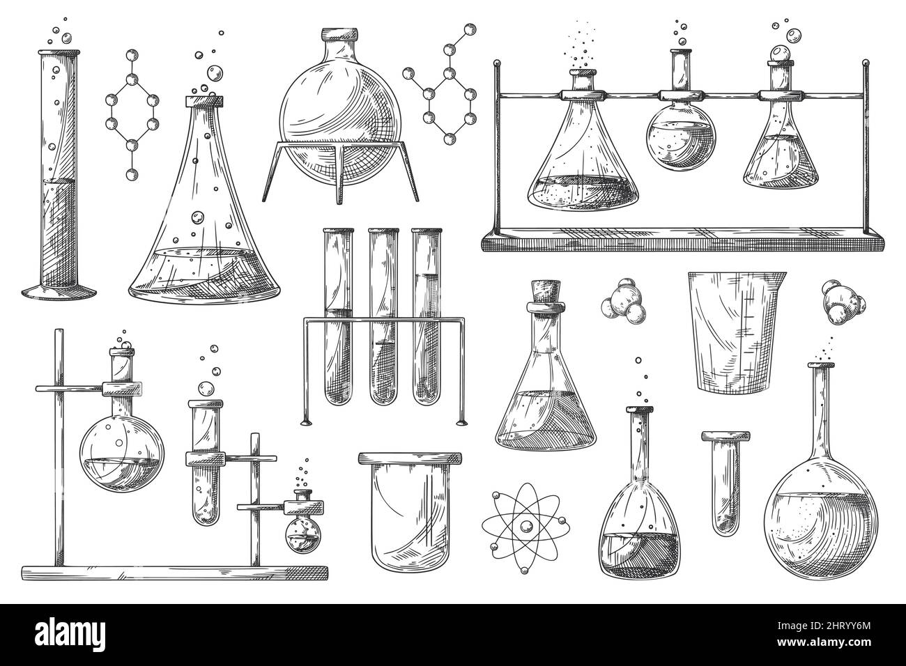 Jeu de différents flacons pharmaceutiques, béchers et tubes à essai. Esquisse d'objets de laboratoire chimique. Symbole de découverte et de chimie. Illustration de Vecteur
