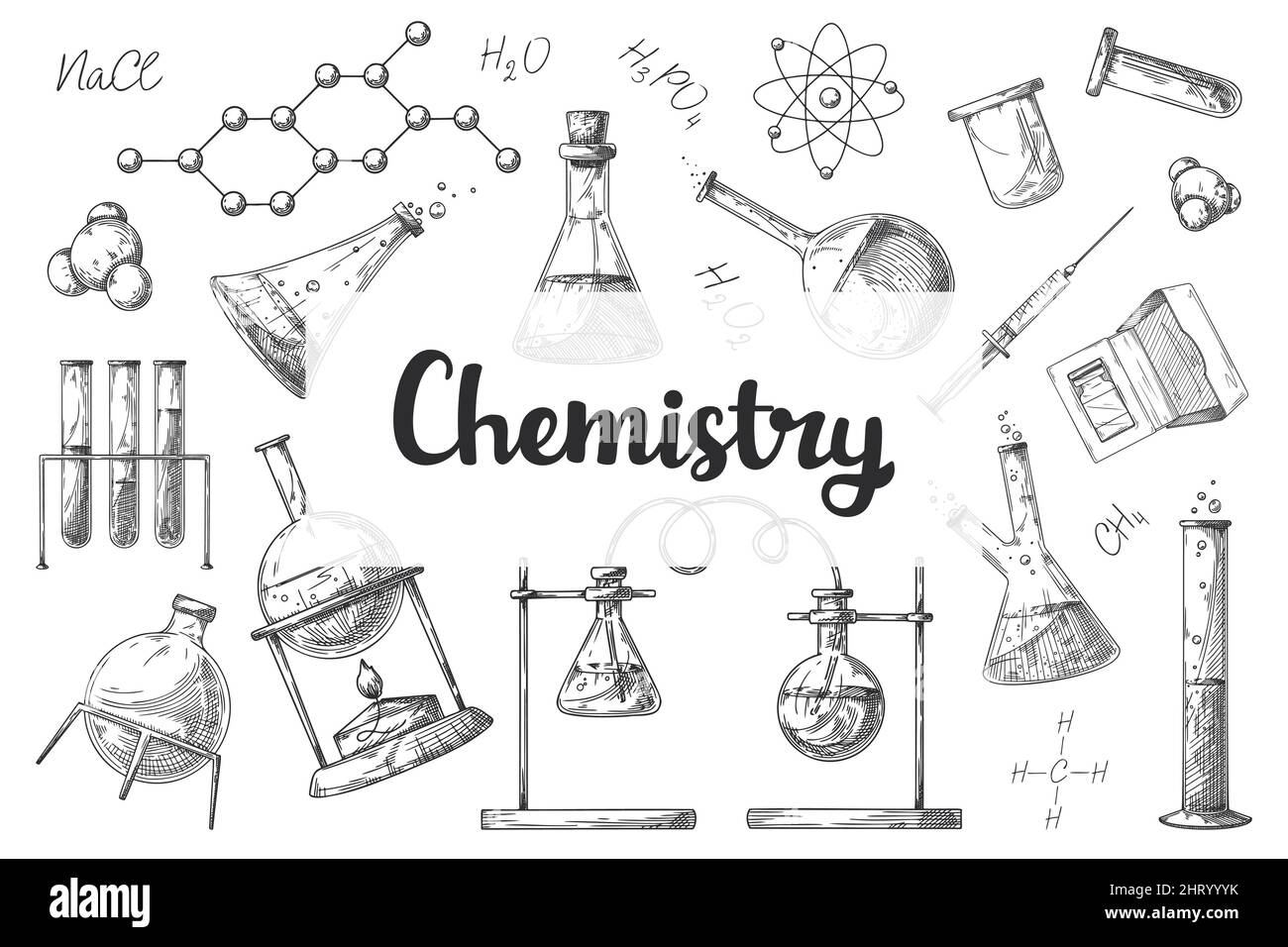 Jeu de différents flacons pharmaceutiques, béchers et tubes à essai. Esquisse d'objets de laboratoire chimique. Symbole de découverte et de chimie. Illustration de Vecteur