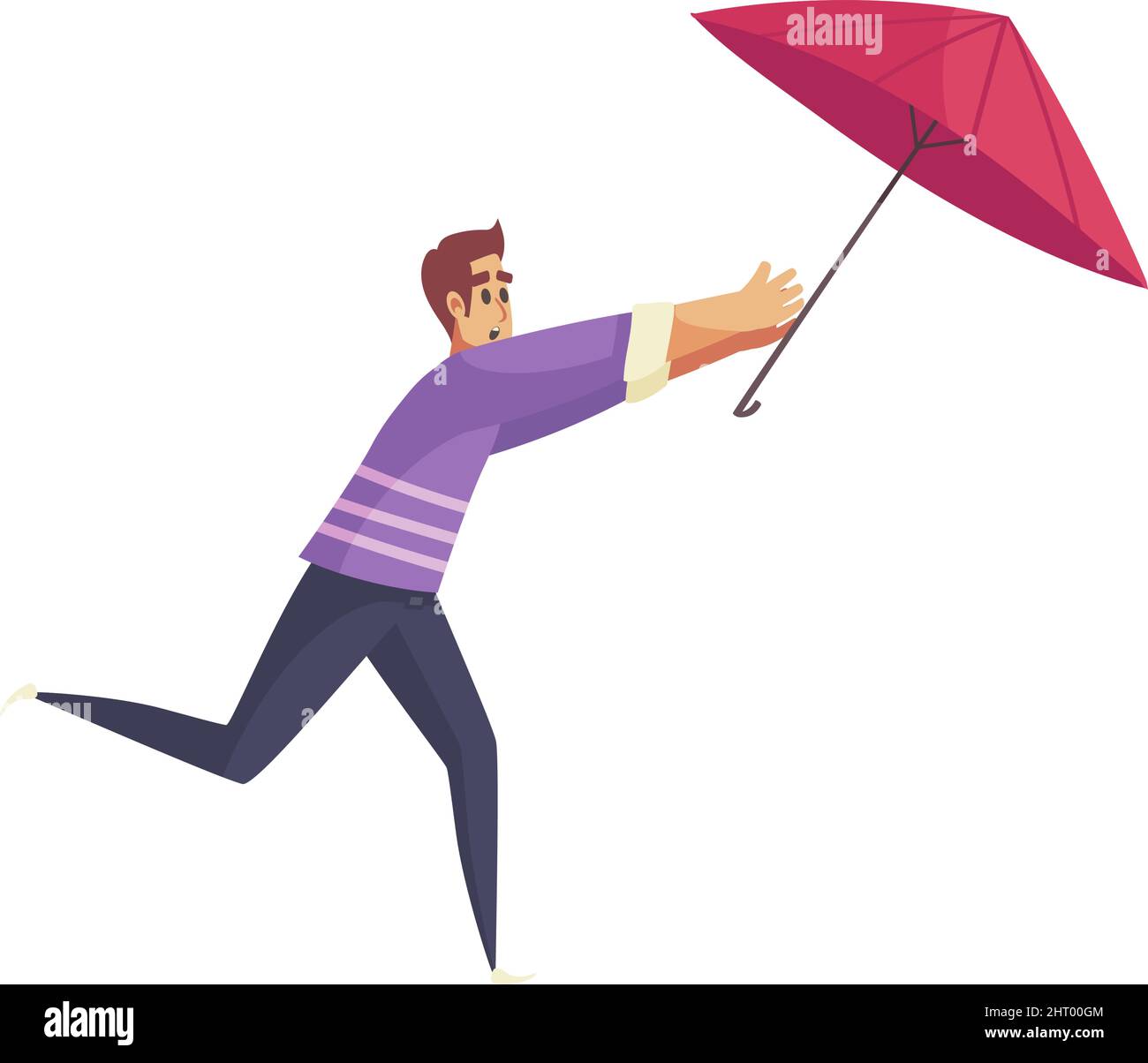 Composition de pluie de mauvais temps avec caractère isolé de l'homme courant pour l'illustration de vecteur de parapluie soufflé Illustration de Vecteur