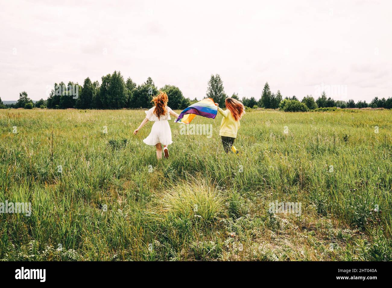 Jeune couple homosexuel courant et portant le drapeau lgbt sur le terrain. Vue arrière. Banque D'Images