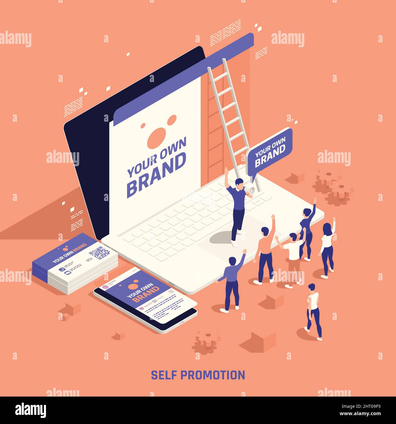 Auto-promotion propre marque bâtiment créer un site Web personnel atteignant le marché cible clients isométrique fond composition illustration vectorielle Illustration de Vecteur