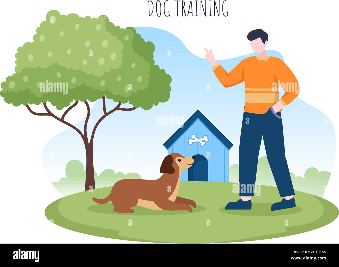 Centre de formation des chiens au terrain de jeu avec instructeur enseigner les animaux ou jouer pour les poussins et les compétences de saut en dessin animé Illustration de Vecteur