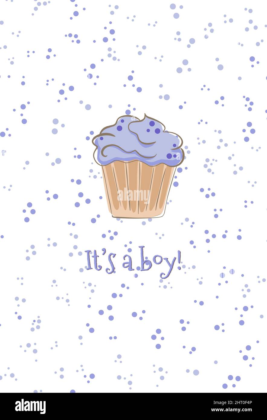 carte de voeux pour douche de bébé garçon avec cupcake, muffin avec garniture de crème fouettée lavande très péri. Illustration de Vecteur