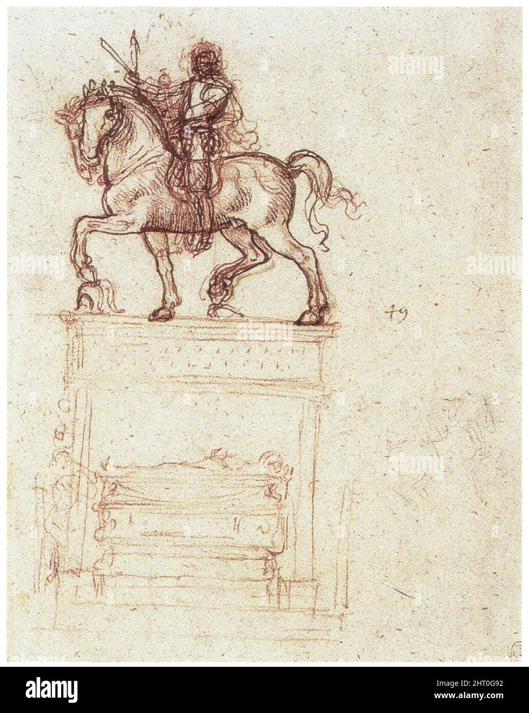 LÉONARD DE VINCI. ÉTUDES POUR LE MONUMENT TRIVULZIO. 1508-1512. Stylo et encre. 280 mm x 198 mm Banque D'Images