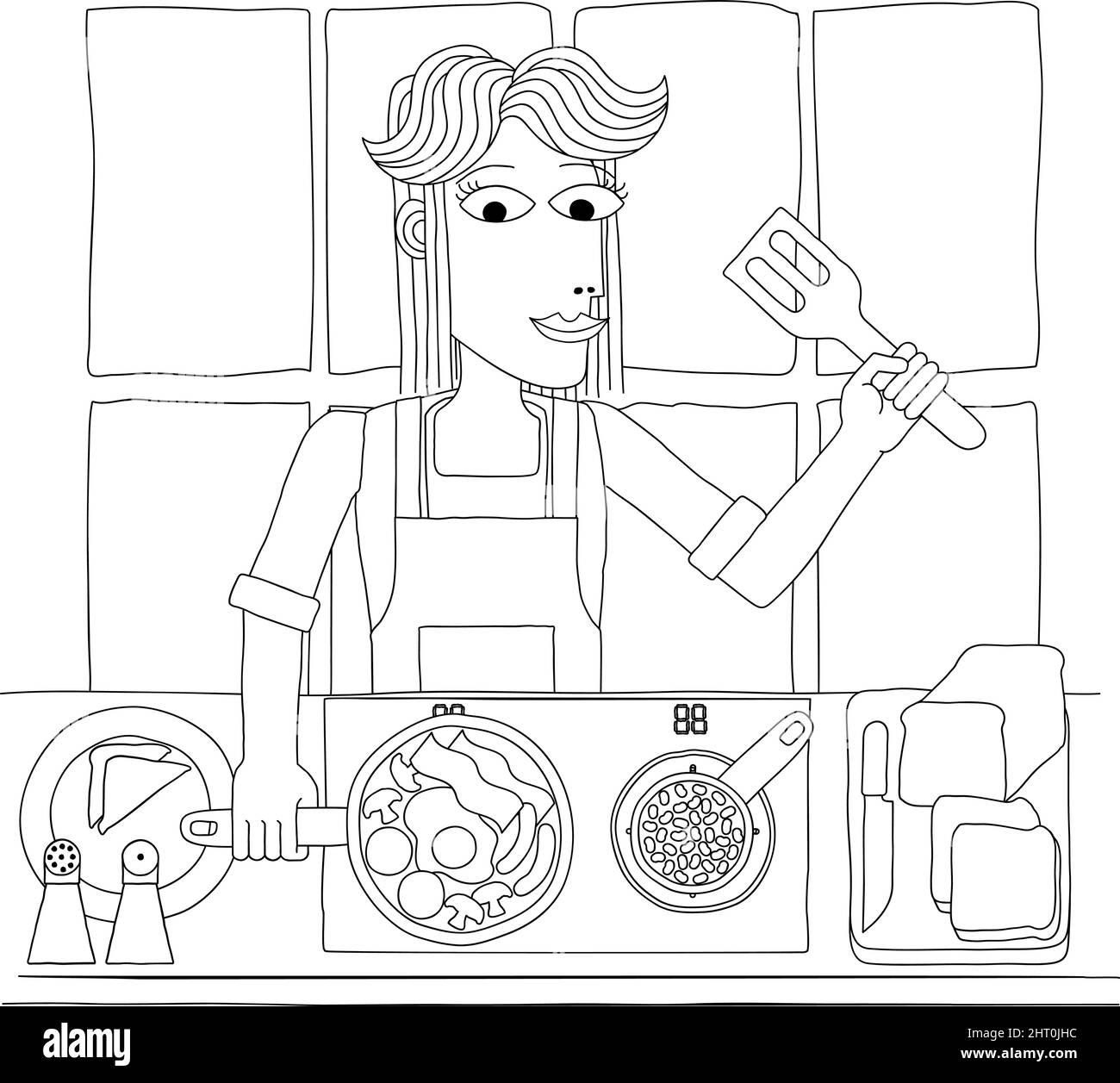 Femme cuisine nourriture Fried cuisine anglaise petit déjeuner Illustration de Vecteur