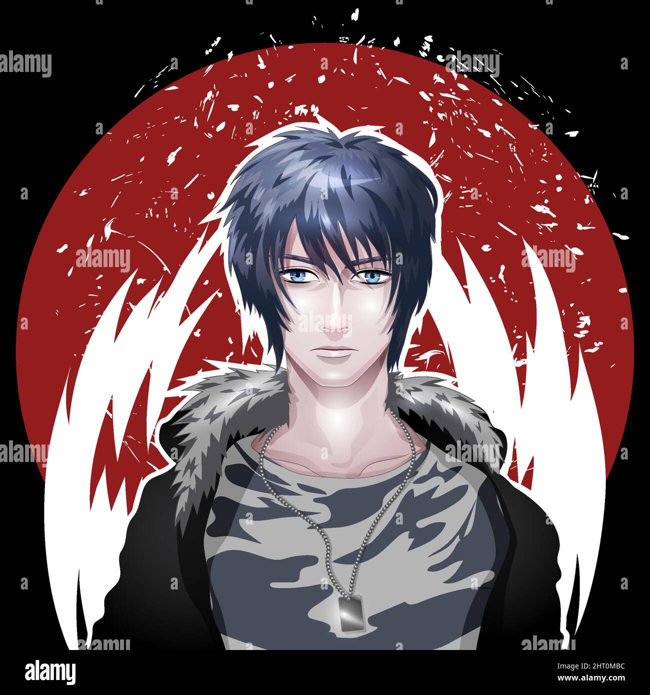 Jeune homme avec des yeux bleus dans des vêtements de camouflage dans le style de manga et d'anime. Illustration de Vecteur