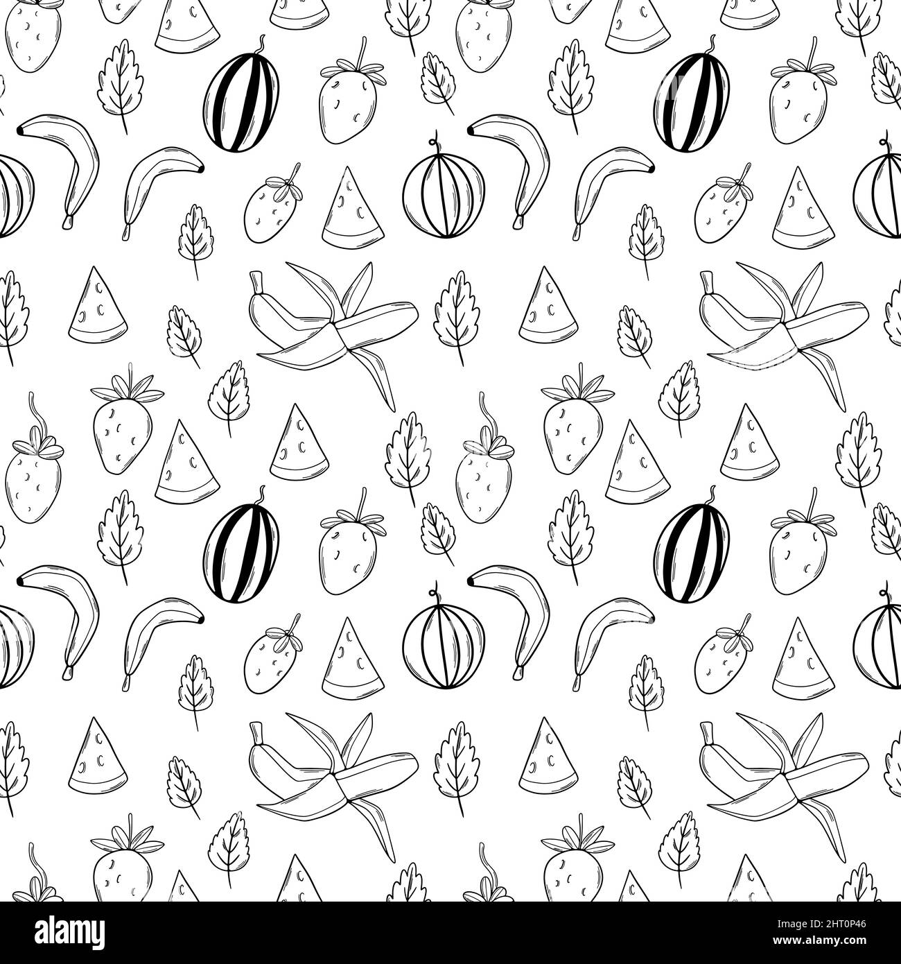Motif de fruits sans couture avec contour noir, ananas, pomme, poire, pastèque, banane, cerise Illustration de Vecteur