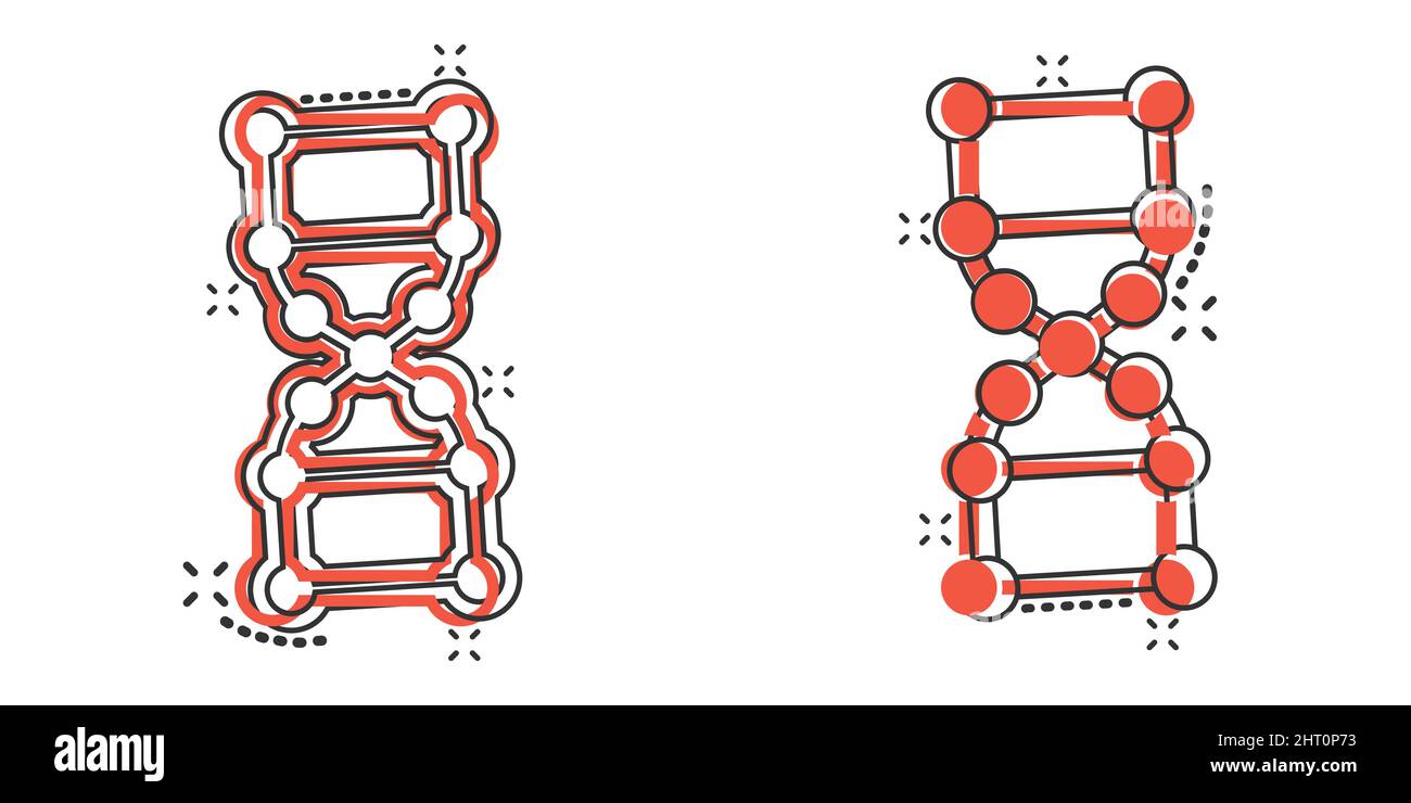 L'icône de la molécule d'ADN dans le style comique. Illustration vectorielle Atom sur fond blanc isolé. Concept commercial de signe d'effet de splash en spirale moléculaire. Illustration de Vecteur