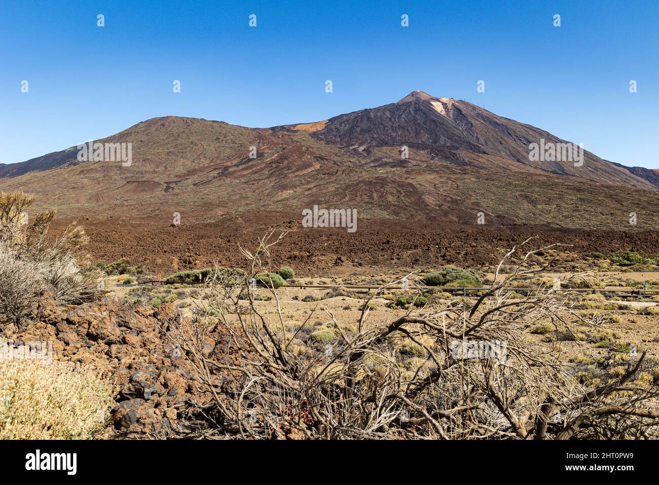 Montagne de Teide avec d'anciens cours d'eau de lave volcanique vus de la formation rocheuse Zapato de la Reina, Tenerife, Espagne Banque D'Images