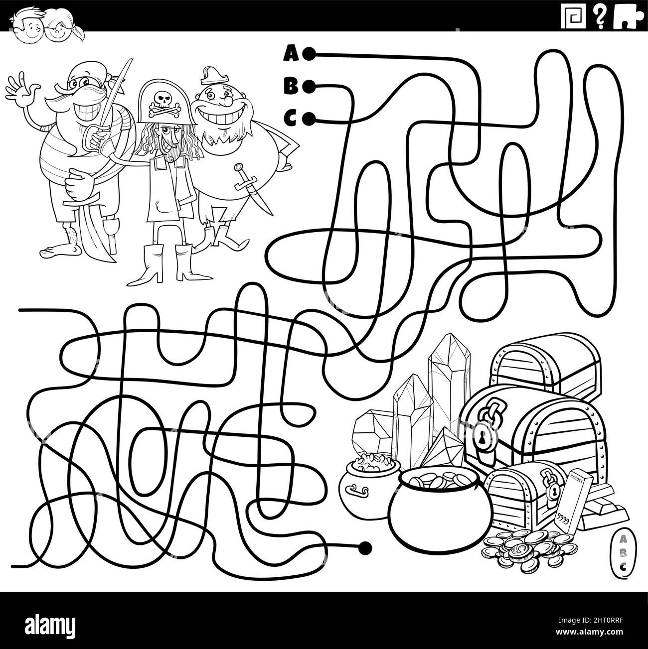 Dessin animé noir et blanc illustration de lignes labyrinthe jeu de puzzle avec des personnages de bande dessinée pirates et de la page de livre de coloriage de Trésor Illustration de Vecteur