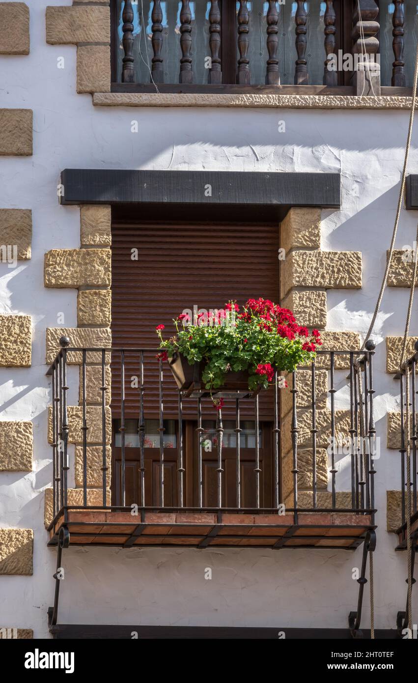 balcon d'une fenêtre vintage avec fleurs fenêtre Village avec les fleurs rouges Banque D'Images