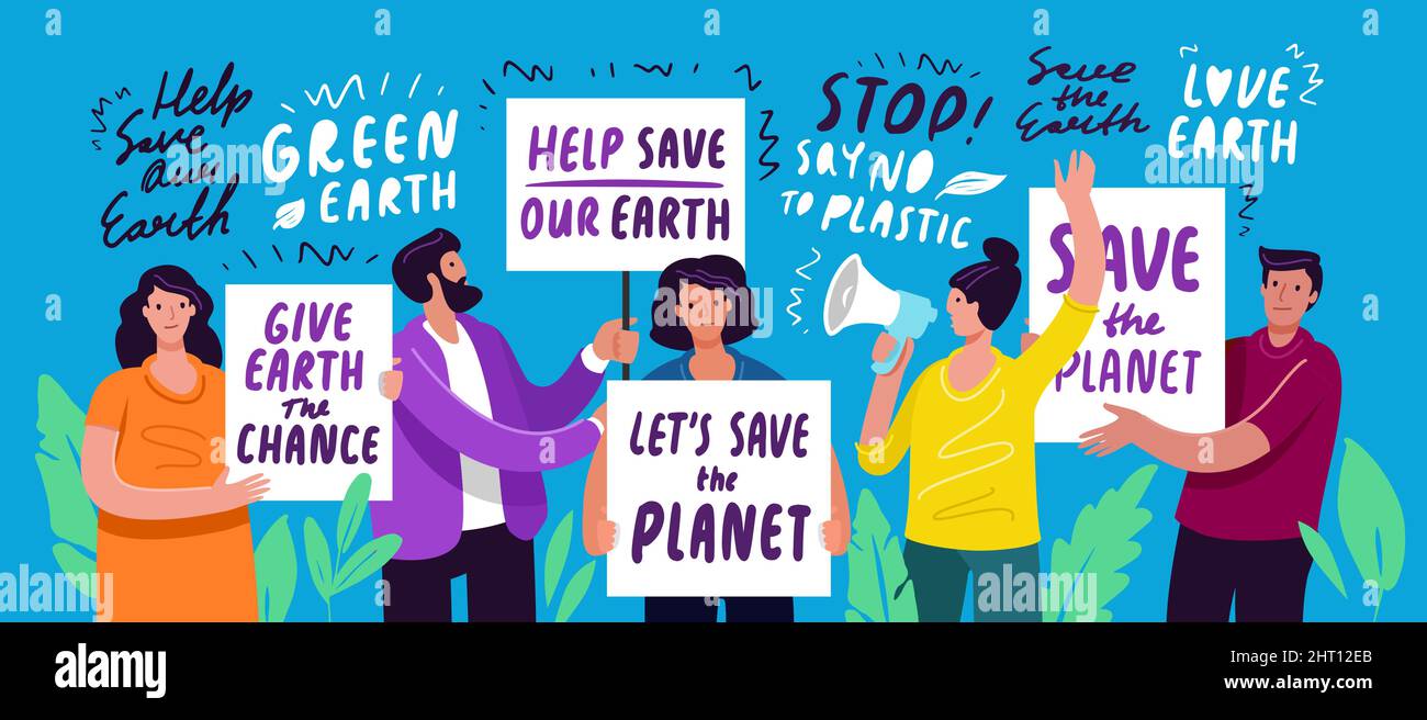 Rassembler les gens avec des affiches pour sauver la nature écologique. Illustration vectorielle plate de démonstration Illustration de Vecteur