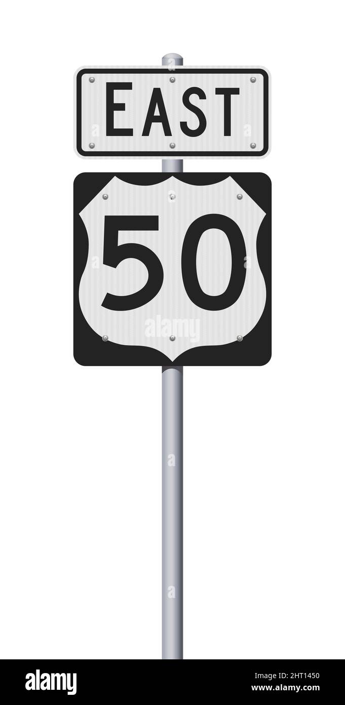 Illustration vectorielle de la route 50 des États-Unis et des panneaux East Road sur poteau métallique Illustration de Vecteur