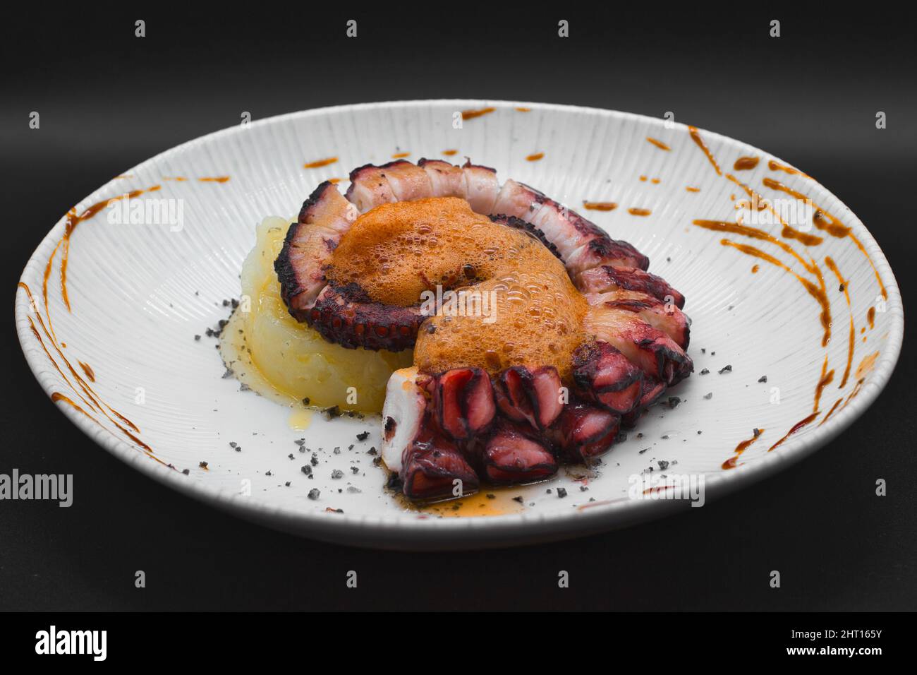 Octopus frais grillé avec purée de pommes de terre, mousse d'agrumes léger, sel noir volcanique et sauce crème de fruits de mer dans une assiette blanche et fond noir studio Banque D'Images