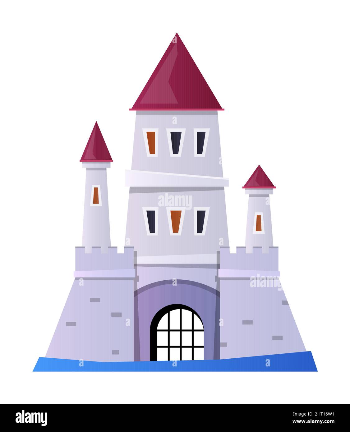 Forteresse de fossé - objet de style design plat sur fond blanc. Image nette et détaillée d'un château en pierre imprégnable avec trois tours, entouré d'eau. Illustration de Vecteur