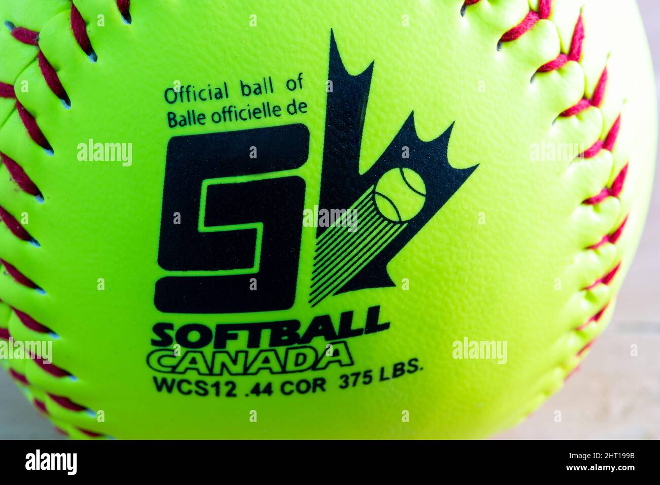 Gros plan d'une balle de softball de marque Worth approuvée pour une utilisation dans la ligue officielle au Canada Banque D'Images