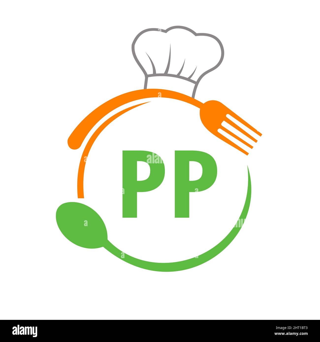 Lettre PP logo du restaurant avec cuillère à chapeau de chef et gabarit de fourchette. Logo du restaurant sur lettre PP barbecue, logo du café Vector Illustration de Vecteur