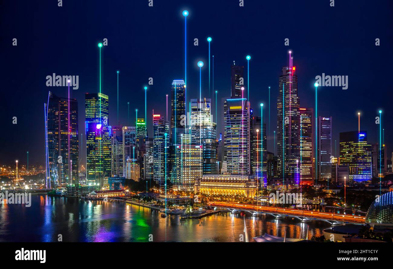 Smart Singapore point point se connecte avec ligne de réseau de gradient, technologie de connexion concept métaverse. Bannière ville de nuit avec Big Data. Banque D'Images