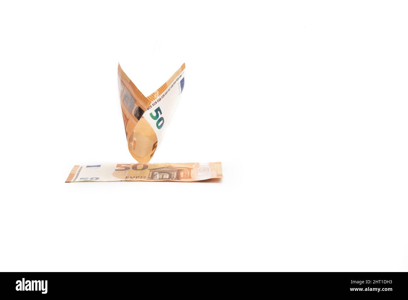 50 euros de factures. Isolé sur fond blanc. Banque D'Images