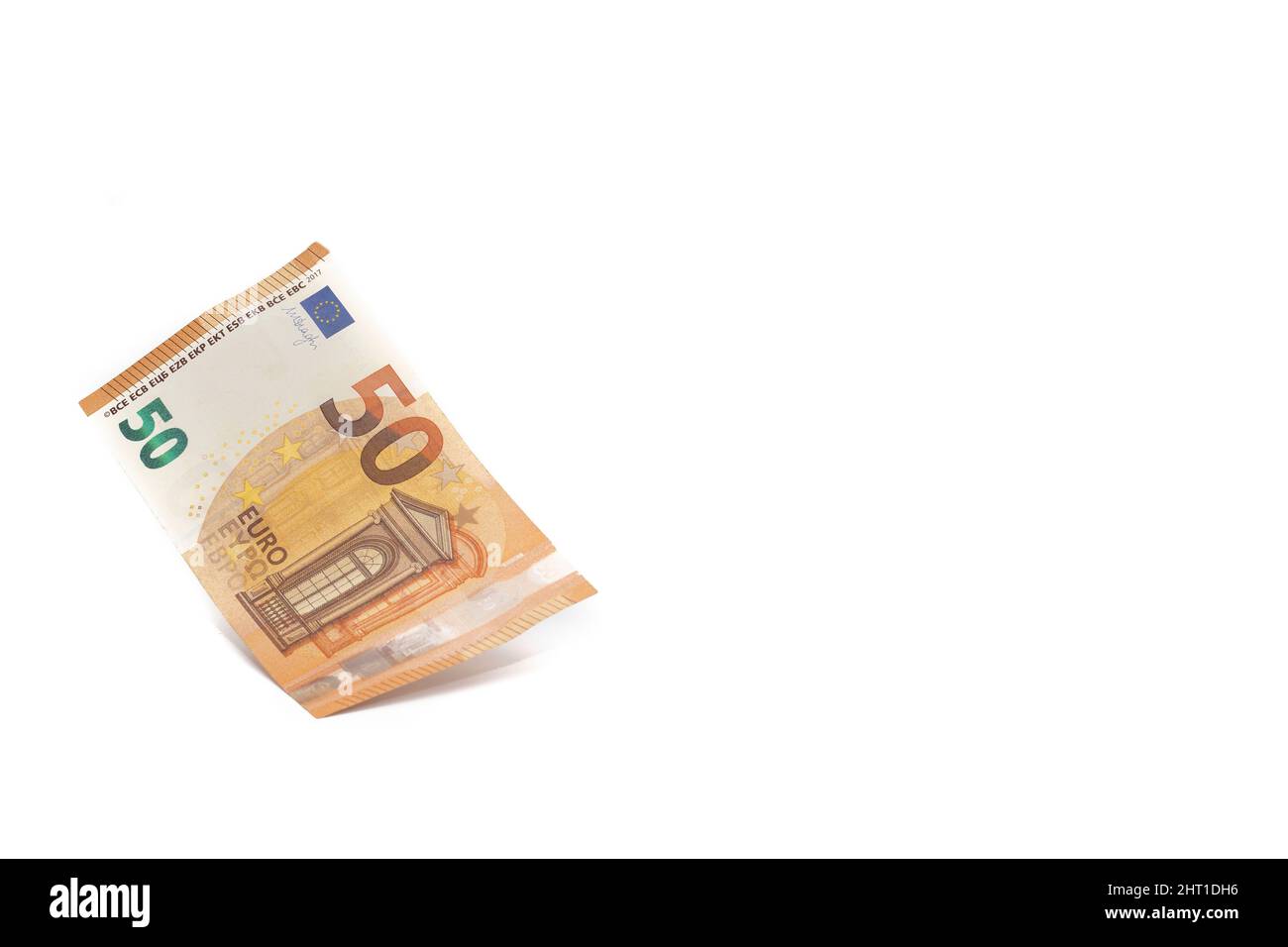 50 euros de factures. Isolé sur fond blanc. Banque D'Images