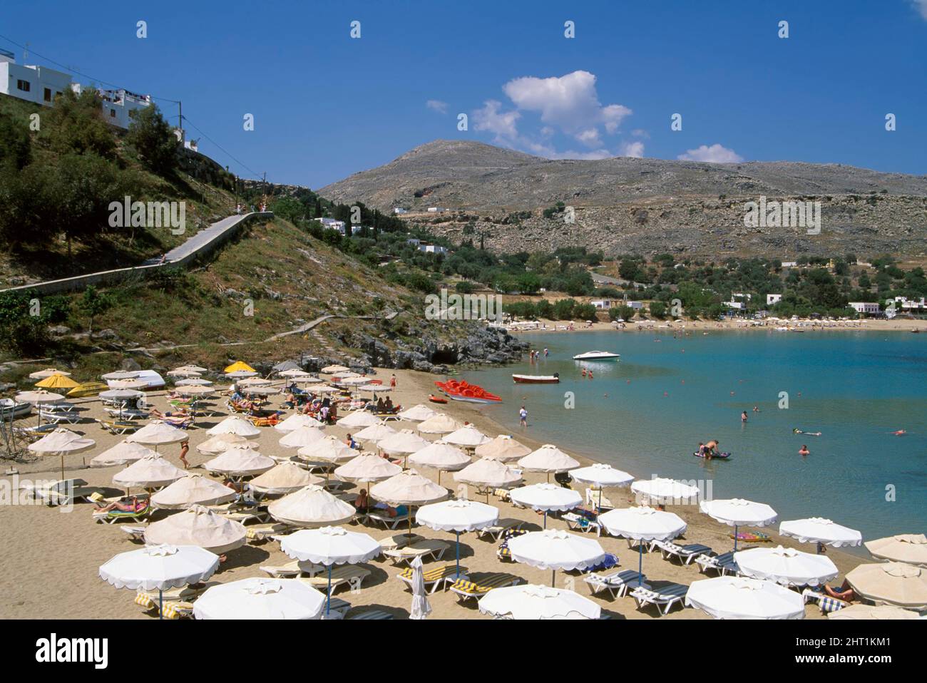 Plage de Lindos, île de Rhodes, Dodécanèse, Grèce, Europe Banque D'Images