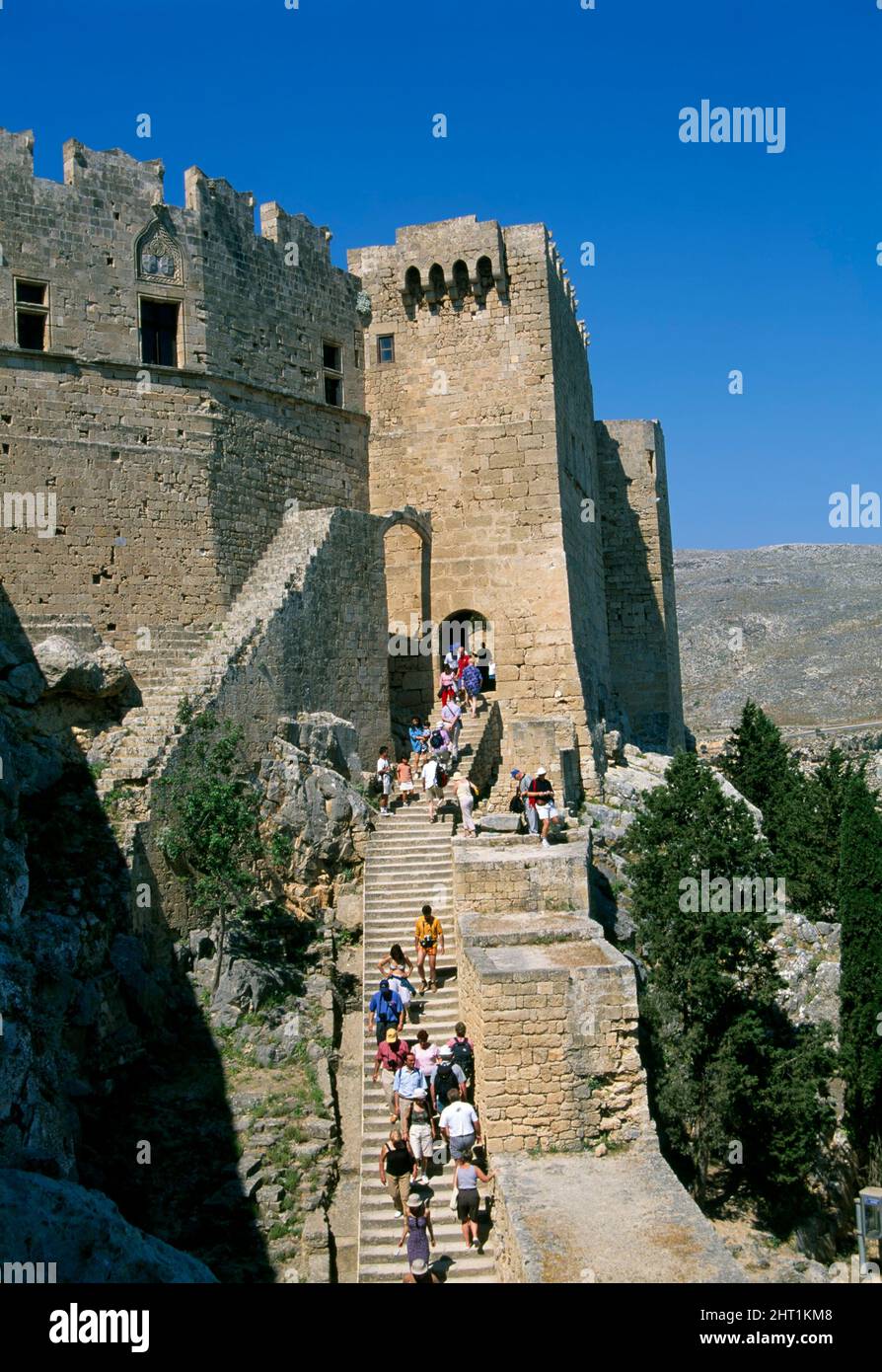 Acropolis Lindos, entrée, île de Rhodes, Dodécanèse, Grèce, Europe Banque D'Images