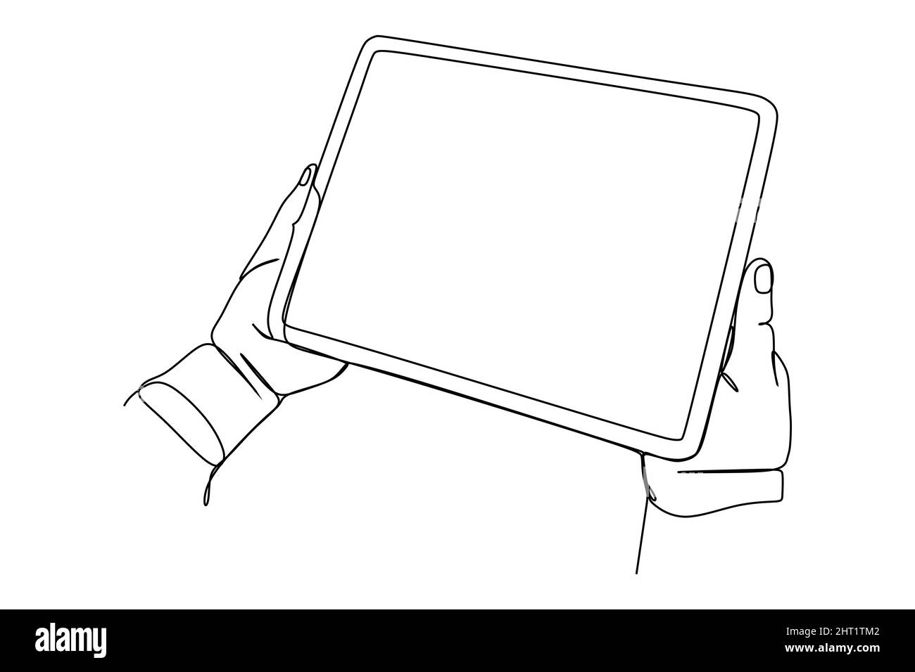 Des mains en ligne continue avec des gadgets de tablette. Un homme d'affaires de ligne mains à l'aide de téléphones portables et de tablette. Vecteur tracé à la main Illustration de Vecteur