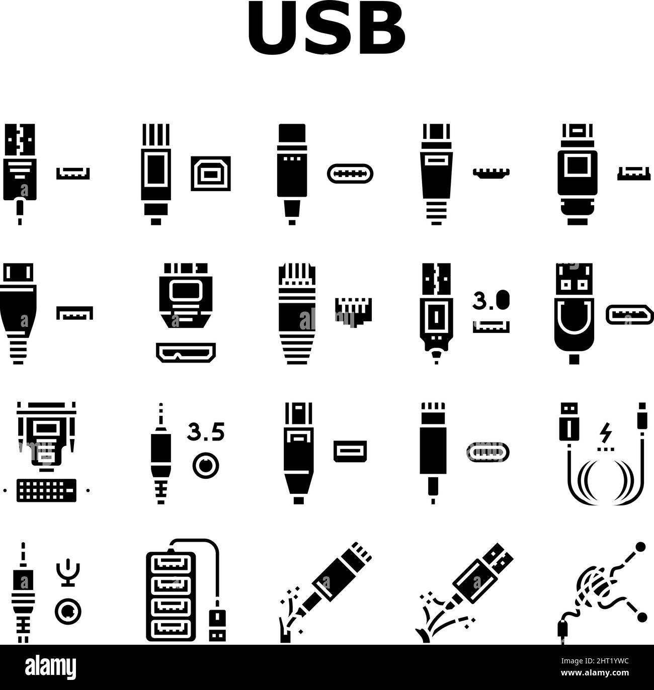 Câble USB et port achats Icons Set Vector Illustration de Vecteur