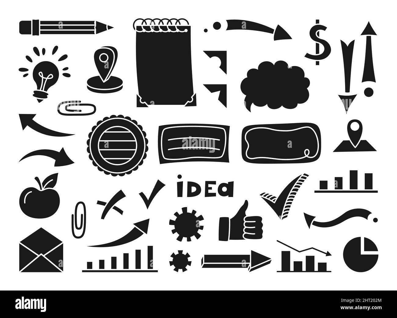 Pochoir tiré à la main sur les médias sociaux, ensemble de timbres. Compagnie d'éléments de ligne, communication de contact, symboles de graphique et glyphe, icône. Affaires, étude, créativité travail Internet doodles vecteur presse silhouette Illustration de Vecteur